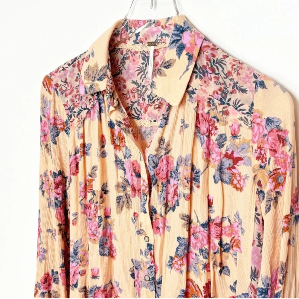 Free People Boho Floral Pink Peach Blouse Sz Large - Picture 5 of 8